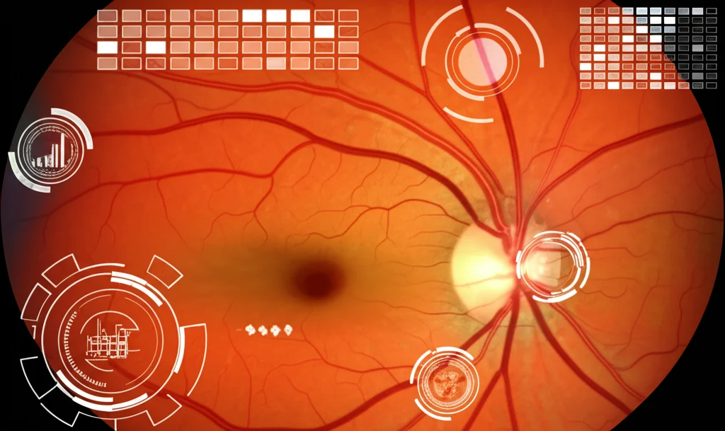 Immagine del fondo oculare ad altissima risoluzione visualizzata su uno schermo diagnostico avanzato, con sovrapposizioni grafiche high-tech che evidenziano le aree analizzate dall'intelligenza artificiale MM-Net per la rilevazione della retinopatia diabetica. Obiettivo macro 90mm, illuminazione da studio medico precisa, forte contrasto tra i vasi sanguigni e la retina.