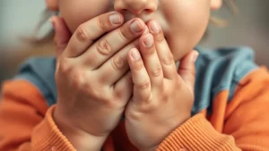 Primo piano di mani di bambino con unghie curate, una mano che ne ferma delicatamente un'altra dall'avvicinarsi alla bocca, simbolo di autoefficacia nel smettere di mangiarsi le unghie, luce calda e morbida, lente 50mm, profondità di campo ridotta.
