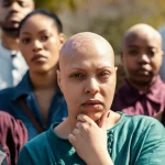 Un gruppo diversificato di persone di età, generi ed etnie differenti guarda avanti con espressione pensierosa ma resiliente. Alcuni mostrano segni visibili di alopecia areata (chiazze, perdita totale), altri una ricrescita parziale. Illuminazione naturale e morbida, obiettivo primario 50mm, profondità di campo che mette a fuoco il gruppo sfocando leggermente lo sfondo.