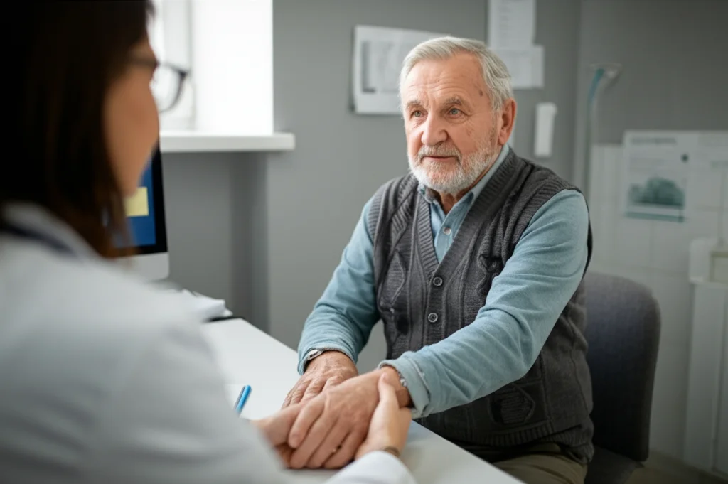 Un medico di base empatico che ascolta attentamente un paziente anziano nel suo studio. Scatto intimo, obiettivo prime 50mm, profondità di campo che sfoca leggermente lo sfondo, luce morbida da finestra.