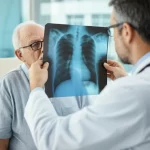 Un medico esamina attentamente la radiografia del torace di un paziente anziano affetto da polmonite, in un ambiente ospedaliero moderno e luminoso. Obiettivo 50mm, profondità di campo che sfoca leggermente lo sfondo, luce naturale controllata.