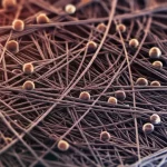 Visualizzazione 3D astratta di nanofibre composite PAN-PPh/Fe3O4 interconnesse su scala nanometrica, con particelle sferiche di magnetite (Fe3O4) integrate nella matrice polimerica, illuminazione suggestiva che evidenzia la struttura, obiettivo macro 60mm, alta definizione.
