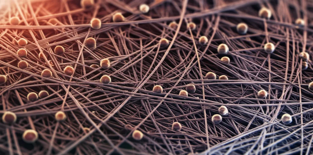 Visualizzazione 3D astratta di nanofibre composite PAN-PPh/Fe3O4 interconnesse su scala nanometrica, con particelle sferiche di magnetite (Fe3O4) integrate nella matrice polimerica, illuminazione suggestiva che evidenzia la struttura, obiettivo macro 60mm, alta definizione.