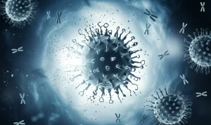 Concetto visivo di una cura per l'HIV: una rappresentazione artistica di un virus HIV che si dissolve o viene neutralizzato da elementi scientifici stilizzati (es. anticorpi, molecole) su uno sfondo luminoso e speranzoso. Macro lens, 60mm, High detail, controlled lighting, colori blu e bianco dominanti.