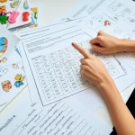 Fotografia realistica dall'alto di una scrivania di un insegnante con diversi fogli di esercizi di ortografia sparsi. Una mano femminile sta indicando un esercizio analitico con schemi e tabelle, mentre accanto ci sono esercizi più colorati con disegni. Luce naturale morbida da una finestra laterale, obiettivo 50mm, profondità di campo media che mantiene a fuoco gli esercizi principali.