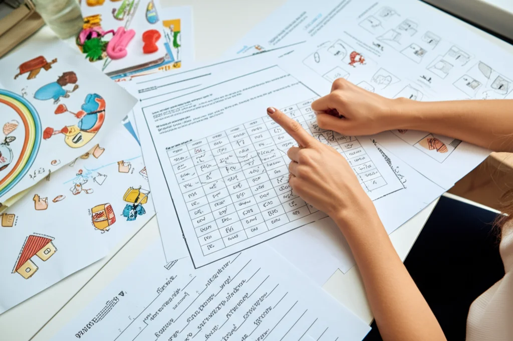 Fotografia realistica dall'alto di una scrivania di un insegnante con diversi fogli di esercizi di ortografia sparsi. Una mano femminile sta indicando un esercizio analitico con schemi e tabelle, mentre accanto ci sono esercizi più colorati con disegni. Luce naturale morbida da una finestra laterale, obiettivo 50mm, profondità di campo media che mantiene a fuoco gli esercizi principali.