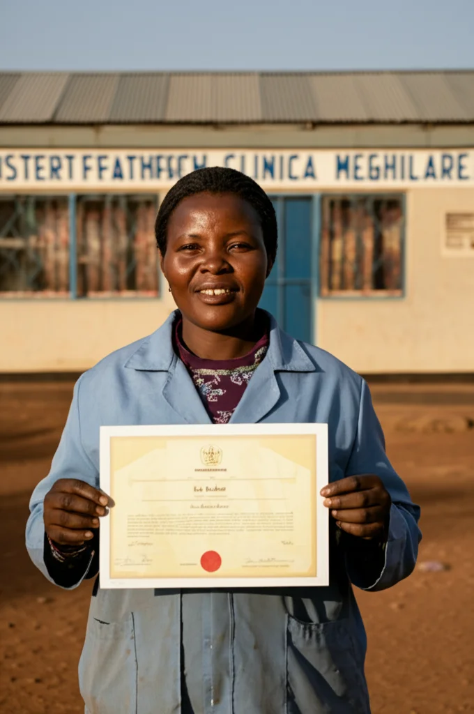 Fotografia stile reportage di una donna adulta del Lesotho sorridente che tiene in mano un certificato scolastico, in piedi davanti a una clinica sanitaria rurale modesta, obiettivo 50mm, luce calda del tardo pomeriggio, colori vividi ma realistici, profondità di campo media.