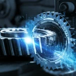 Immagine fotorealistica di un ingranaggio complesso illuminato da un fascio di luce digitale bluastra, simboleggiando la diagnosi AI. Sfondo industriale metallico leggermente sfocato. Obiettivo prime 35mm, profondità di campo ridotta, duotone blu e grigio scuro.