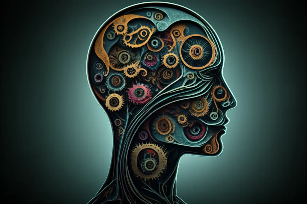 Primo piano di una testa umana stilizzata vista di profilo, con ingranaggi colorati che si muovono e si riconfigurano all'interno, simboleggiando il processo di revisione concettuale e cambiamento del pensiero. Illuminazione da studio controllata, messa a fuoco precisa sui dettagli degli ingranaggi, obiettivo macro 90mm.