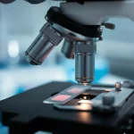 Ricercatore in laboratorio che osserva al microscopio campioni di tessuto pancreatico, focus nitido sul vetrino sotto l'obiettivo, sfondo del laboratorio leggermente sfocato (bokeh), illuminazione controllata da lampada da microscopio, obiettivo prime 50mm, atmosfera di ricerca scientifica.