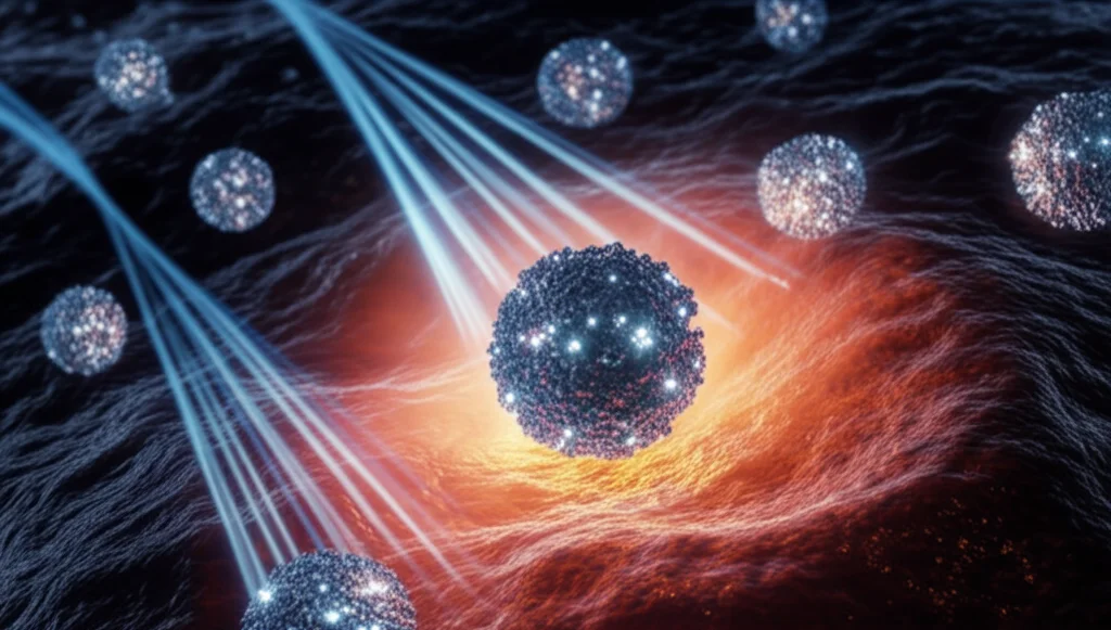 Visualizzazione 3D artistica e fotorealistica di niosomi sferici che rilasciano nanoparticelle d'argento scintillanti vicino a cellule tumorali polmonari dall'aspetto irregolare, con fasci di luce stilizzati che rappresentano la radioterapia convergente sulla zona. Illuminazione drammatica con forti contrasti, focus selettivo sull'interazione tra niosomi e cellule, obiettivo macro 90mm, alta definizione.