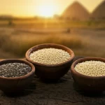 Composizione fotorealistica still life con tre ciotole rustiche contenenti rispettivamente semi di chia neri, semi di amaranto rossastri e semi di quinoa chiari, disposte su un tavolo di legno grezzo. Sullo sfondo, un campo egiziano sfocato al tramonto. Luce calda e laterale, obiettivo macro 60mm, alta definizione, focus selettivo sui semi in primo piano.