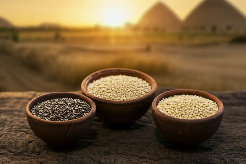 Composizione fotorealistica still life con tre ciotole rustiche contenenti rispettivamente semi di chia neri, semi di amaranto rossastri e semi di quinoa chiari, disposte su un tavolo di legno grezzo. Sullo sfondo, un campo egiziano sfocato al tramonto. Luce calda e laterale, obiettivo macro 60mm, alta definizione, focus selettivo sui semi in primo piano.
