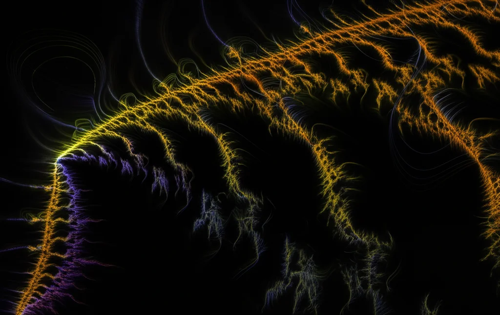 Illustrazione artistica e fotorealistica di un bordo frattale complesso che separa due regioni in uno spazio metrico astratto, evocando i concetti di perimetro frazionario e superfici minimali non locali. Lente wide-angle 24mm, focus nitido sul bordo, sfondo leggermente sfocato.