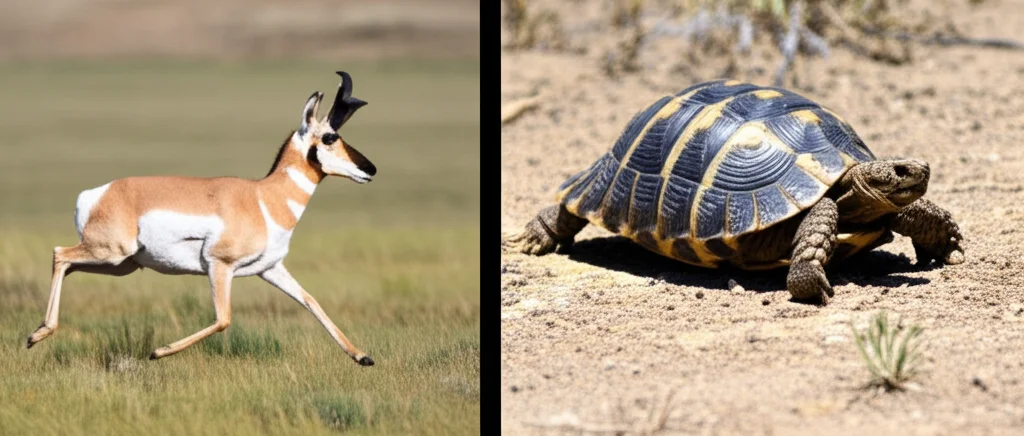 Immagine composita fotorealistica: a sinistra, un'antilocapra (Pronghorn) che corre veloce su un terreno pianeggiante del Wyoming; a destra, una tartaruga del Texas (Gopherus berlandieri) che si muove lentamente su un terreno micro-topograficamente complesso del sud Texas. Sovrapposti, grafici stilizzati che mostrano la relazione velocità-pendenza per ciascuna specie (curva più stretta e alta per l'antilocapra, più larga e bassa per la tartaruga). Obiettivo zoom 35mm, profondità di campo che collega le due scene, illuminazione naturale brillante.