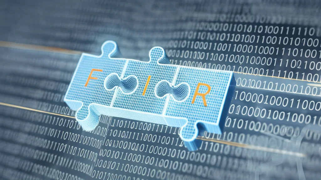 Immagine concettuale fotorealistica, obiettivo 35mm, profondità di campo accentuata. Mostra blocchi di dati digitali luminosi etichettati F, A, I, R che si incastrano perfettamente come pezzi di un puzzle. I collegamenti tra i blocchi sono fatti di luce dorata, simboleggiando la semantica che li unisce. Lo sfondo è un gradiente che passa da testo accademico sfocato a codice binario nitido (0 e 1). L'illuminazione crea un effetto duotono blu e grigio, dando un'atmosfera tecnologica ma accessibile.