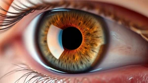 Immagine dettagliata di un occhio con pupilla leggermente irregolare e segni di retinopatia diabetica visibili sullo sfondo retinico, post-intervento di cataratta. Fotografia medica, obiettivo macro 100mm, illuminazione clinica precisa, alta definizione.
