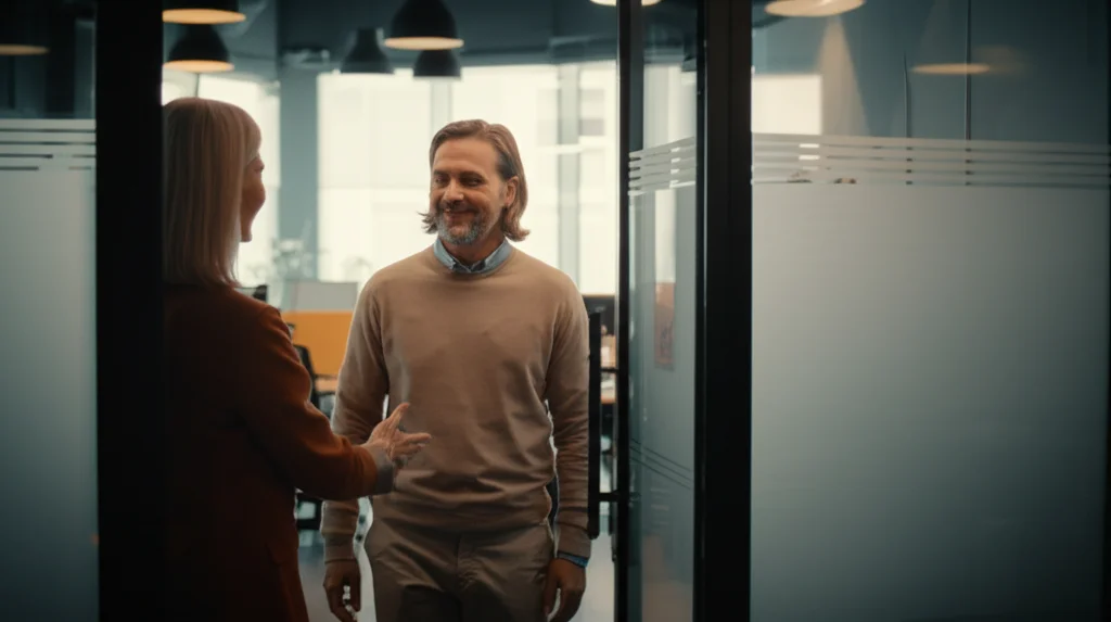 Immagine fotorealistica, Lens Lens 35mm, che mostra una persona che entra in modo esitante in uno spazio ufficio luminoso e moderno, è stata delicatamente accolta da un collega o manager di supporto. Concentrati sull'interazione, trasmettendo empatia e cauto ottimismo. Profondità di campo, luce naturale, toni caldi.