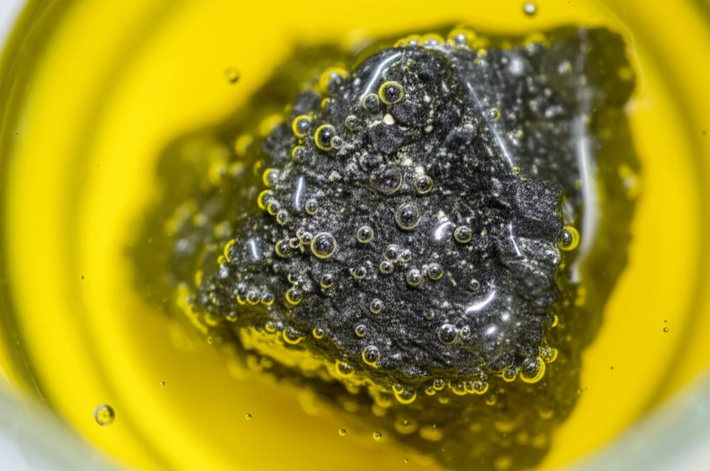 Macro fotografia di un minerale di tetraedrite scuro e metallico parzialmente immerso in una soluzione acida giallastra all'interno di un becher di vetro da laboratorio. Bollicine visibili sulla superficie del minerale. Illuminazione controllata da laboratorio, alta definizione, obiettivo macro 100mm.