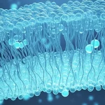 Visualizzazione fotorealistica, obiettivo prime 35mm, che raffigura atomi di Xenon sottilmente incorporati all'interno di una membrana a doppio strato lipidico luminosa e traslucida, rappresentando l'interazione studiata per gli effetti anestetici, profondità di campo, duotone blu e ciano.
