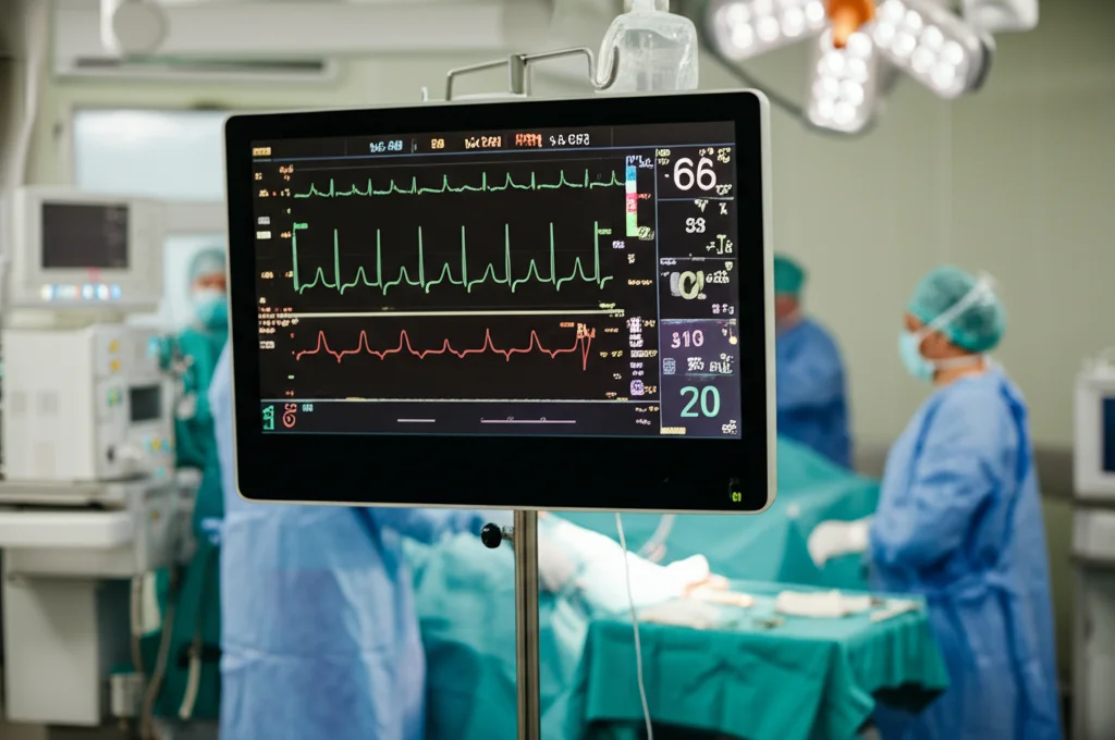 Immagine fotorealistica di una sala operatoria moderna, obiettivo prime 35mm, con focus su un monitor che mostra i parametri vitali di un paziente, inclusa la diuresi oraria visualizzata su un grafico digitale. Profondità di campo ridotta per sfocare leggermente lo sfondo e il personale medico.