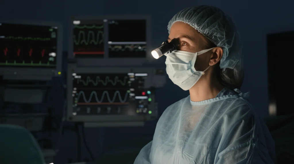 Ritratto di un'anestesista donna di mezza età, concentrata mentre osserva attentamente i monitor dei parametri vitali durante un intervento chirurgico complesso alla colonna vertebrale. Obiettivo 35mm, stile film noir con contrasti accentuati e ombre profonde, espressione seria e professionale.