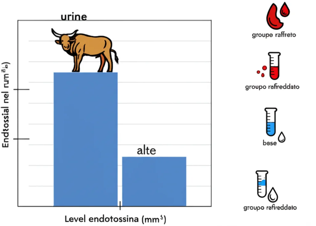Grafico scientifico stilizzato che mostra barre comparative per i livelli di endotossina nel rumine (basse nel gruppo raffreddato), nel sangue (alte nel gruppo raffreddato) e nelle urine (basse nel gruppo raffreddato), con icone rappresentative di un toro, una goccia di sangue e una provetta.