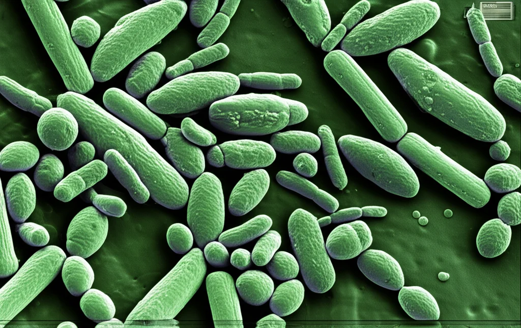Immagine al microscopio elettronico a scansione ad alto dettaglio di diversi tipi di batteri ruminali, con forme varie (cocchi, bastoncelli), obiettivo macro 105mm, illuminazione focalizzata, che illustra la diversità del microbioma ruminale.