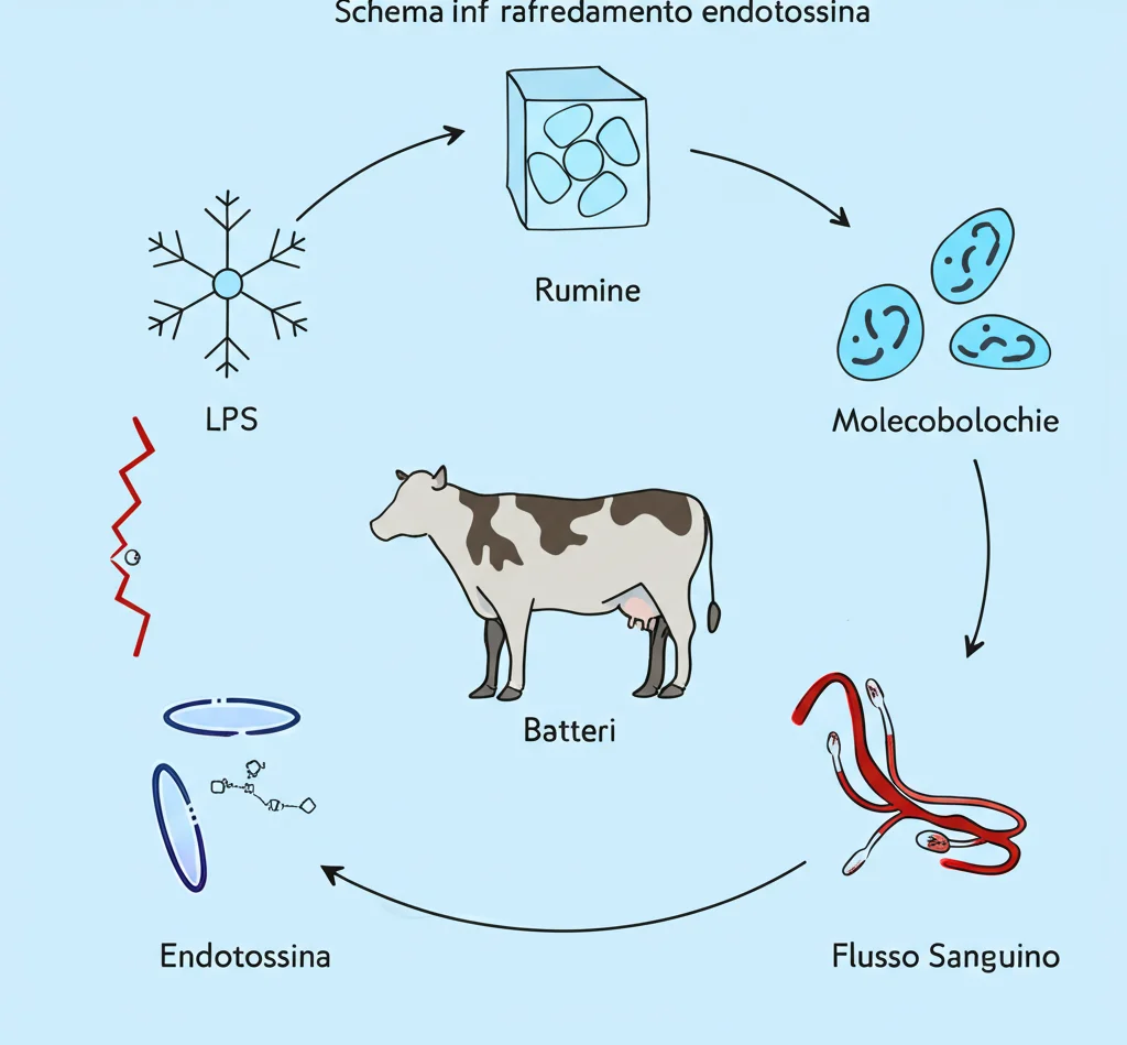 Schema infografico che collega icone di raffreddamento (fiocco di neve, ventola), rumine, batteri, molecole metaboliche, endotossina (molecola LPS stilizzata) e flusso sanguigno, con frecce che indicano le interazioni e la ridistribuzione dell'endotossina, su sfondo blu chiaro.