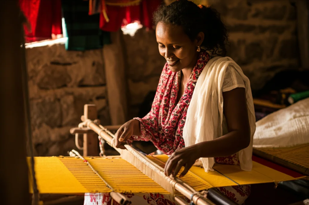 Ritratto di un'artigiana etiope sorridente mentre lavora su un telaio tradizionale, creando un tessuto Habesha kemis, obiettivo 35mm, profondità di campo, luce naturale calda.