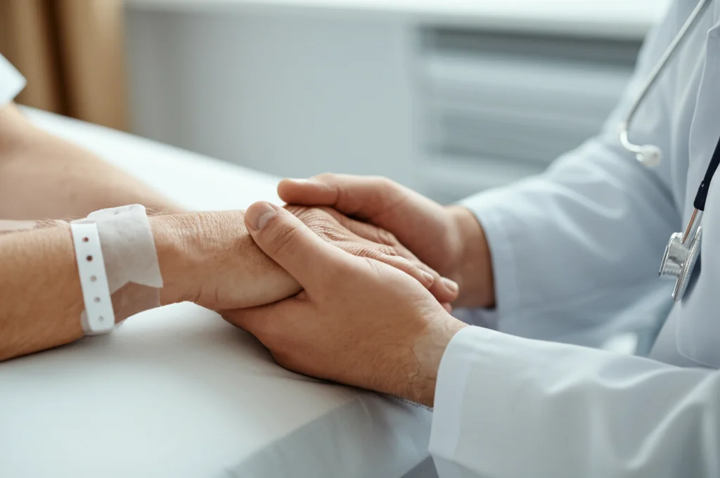 Primo piano di due mani che si stringono delicatamente, una appartenente a un paziente (si intravede un braccialetto ospedaliero sfocato), l'altra a un operatore sanitario o familiare, obiettivo macro 90mm, illuminazione soffusa da una finestra laterale, alta definizione, messa a fuoco selettiva sulle mani intrecciate, trasmettendo empatia, supporto e la preoccupazione legata alla diagnosi di cancro.