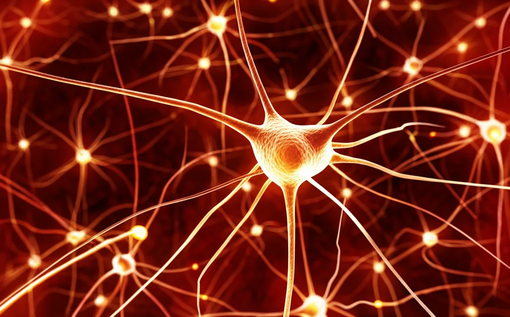 Immagine macrofotografica ad alta definizione di neuroni sani interconnessi nel cervello, con sinapsi luminose che evidenziano la comunicazione neurale attiva. Obiettivo macro 100mm, illuminazione controllata per enfatizzare le delicate strutture dendritiche e assonali. Focus preciso sulle connessioni sinaptiche brillanti.