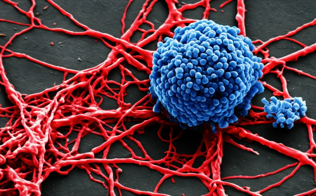 Micrografia elettronica a scansione ad alto contrasto che mostra una microglia (cellula immunitaria del cervello, colorata artificialmente in blu) che avvolge e fagocita attivamente aggregati filamentosi della proteina Tau (colorati artificialmente in rosso) all'interno del tessuto cerebrale. Obiettivo macro 80mm, alta definizione, illuminazione drammatica per evidenziare l'interazione tra la cellula e i grovigli proteici.