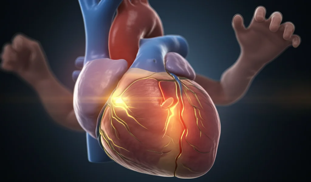 Visualizzazione medica stilizzata ma fotorealistica di un cuore neonatale con il sistema di conduzione elettrica evidenziato, mostrando un blocco parziale; sfondo scuro, dettagli precisi, illuminazione drammatica, lente macro 70mm.
