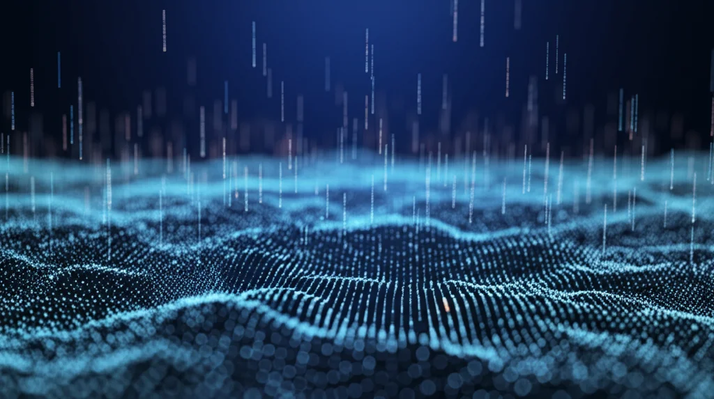 Visualizzazione astratta 3D di un algoritmo genetico che esplora un paesaggio complesso di soluzioni. Percorsi luminosi rappresentano gli individui della popolazione che convergono verso picchi (soluzioni ottimali) mentre evitano valli (ottimi locali). Prime lens, 35mm, depth of field per focalizzare sui percorsi principali, illuminazione high-tech suggestiva.