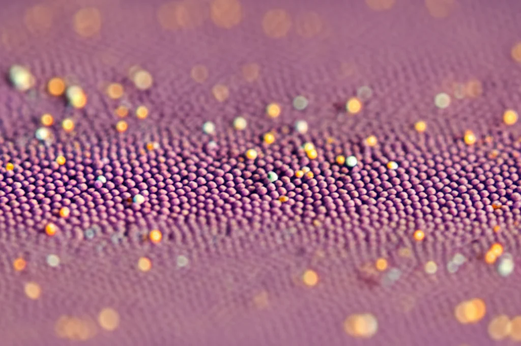 Macro fotografia, 100mm macro lens, che mostra minuscole microsfere radioattive Y-90 scintillanti su uno sfondo sfocato che rappresenta il tessuto epatico, alta definizione, messa a fuoco precisa, illuminazione controllata.