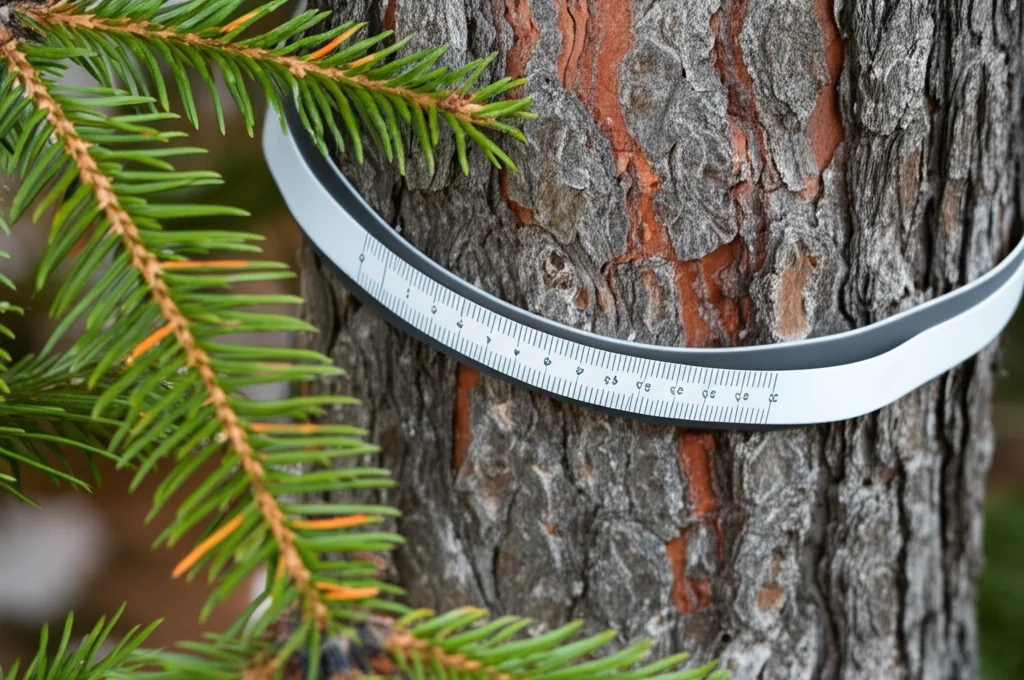 Primo piano di un dendrometro a fascia DRL26 installato sulla corteccia ruvida di un abete rosso del Qinghai (Picea crassifolia) nei Monti Qilian. Obiettivo macro 100mm, alta definizione, messa a fuoco precisa sulla scala graduata dello strumento e sulla texture della corteccia, illuminazione naturale controllata che evidenzia i dettagli.