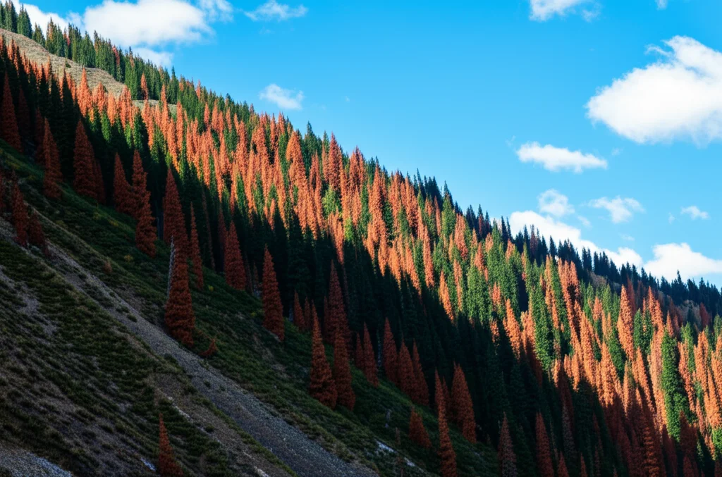 Paesaggio grandangolare dei Monti Qilian in Cina, obiettivo 15mm, che mostra pendii boscosi con abeti rossi del Qinghai (Picea crassifolia) distribuiti a macchie su un versante in ombra. Cielo azzurro con nuvole sparse, luce solare intensa che crea contrasti netti, messa a fuoco nitida su tutta la scena, elevata profondità di campo.