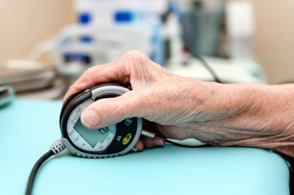 Macro fotografia di una mano anziana e fragile che stringe debolmente un dinamometro per la forza della presa in un ambiente clinico. Illuminazione controllata, alta definizione sui dettagli della pelle e dello strumento. Obiettivo macro 100mm.