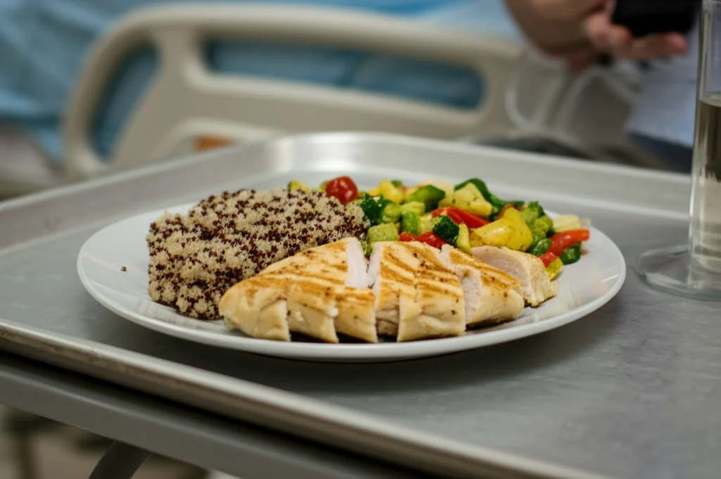 Fotografia still life di un piatto bilanciato e nutriente (es. petto di pollo grigliato, verdure colorate, quinoa) su un vassoio d'ospedale. Illuminazione morbida e controllata, alta definizione sul cibo. Obiettivo macro 85mm.