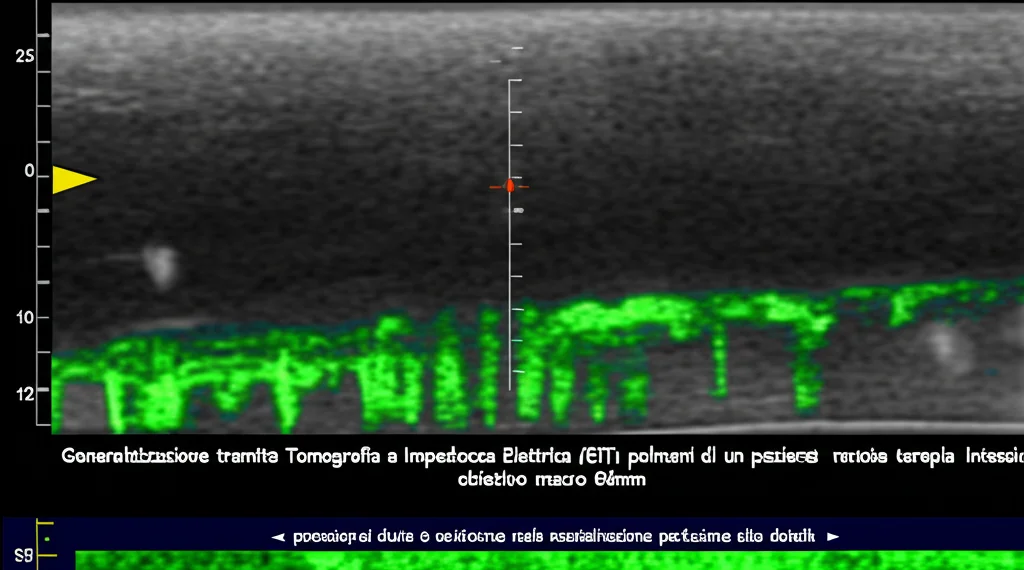 Visualizzazione tramite Tomografia a Impedenza Elettrica (EIT) dei polmoni di un paziente in terapia intensiva, monitoraggio in tempo reale della ventilazione e perfusione, obiettivo macro 80mm, illuminazione controllata ad alto dettaglio, focus preciso.