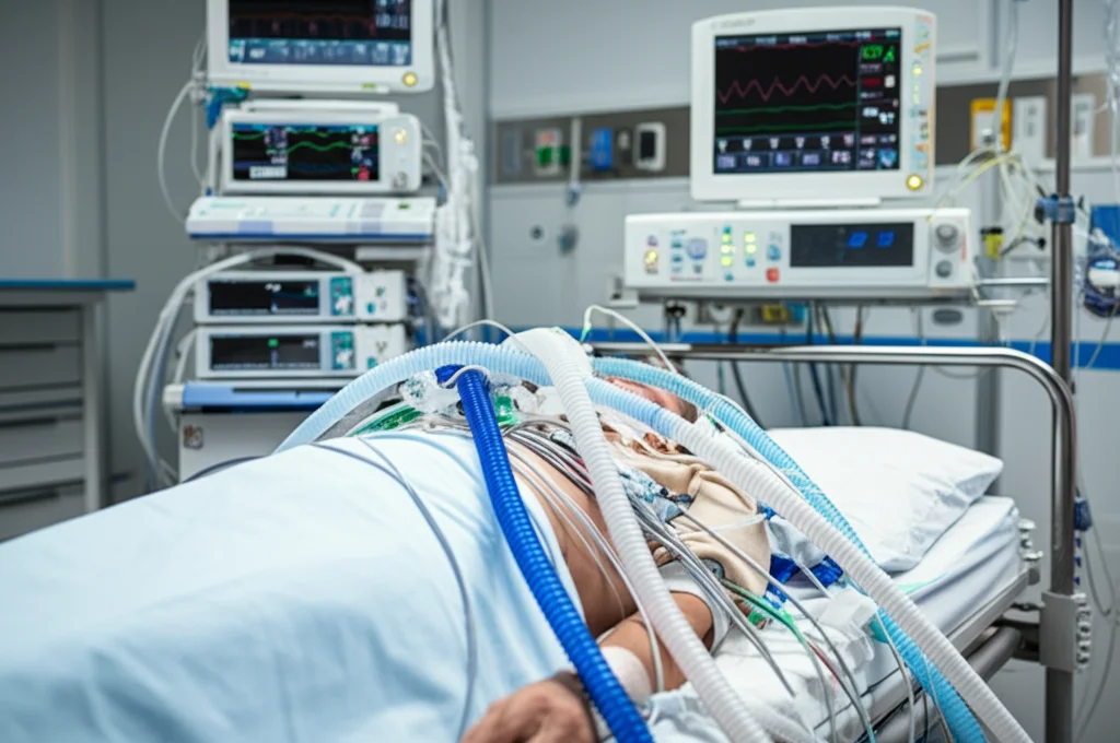Paziente in posizione prona in un letto di terapia intensiva high-tech, supportato da ventilatore meccanico, ECMO e sistema di erogazione di ossido nitrico, focus sulla strumentazione e sul monitoraggio avanzato, obiettivo zoom 35mm, profondità di campo, atmosfera clinica controllata.