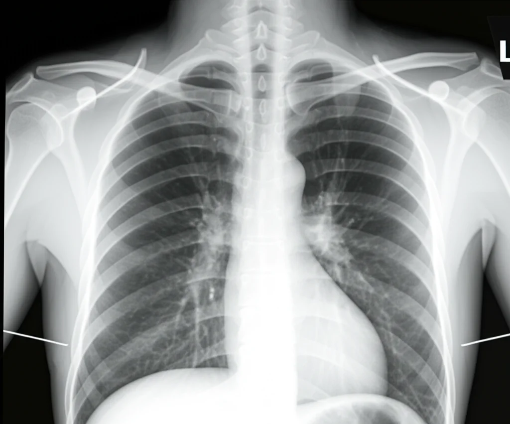 Radiografia toracica post-operatoria che mostra un netto miglioramento dell'aspetto dei polmoni trapiantati dopo il trattamento combinato, illuminazione uniforme da lightbox, obiettivo prime 50mm, alta definizione dei dettagli polmonari e delle strutture toraciche.