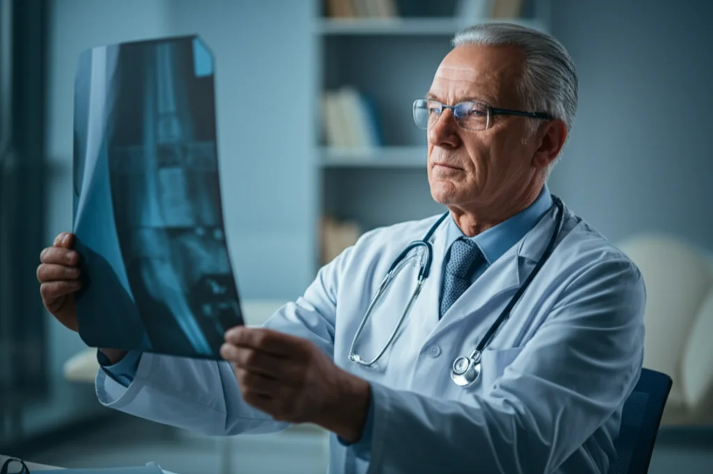 Fotografia realistica di un medico anziano che esamina la radiografia di una frattura d'anca, in un ambiente ospedaliero moderno e luminoso. Obiettivo prime 35mm, profondità di campo ridotta per focalizzare sull'espressione pensierosa del medico e sulla radiografia. Luce soffusa laterale.
