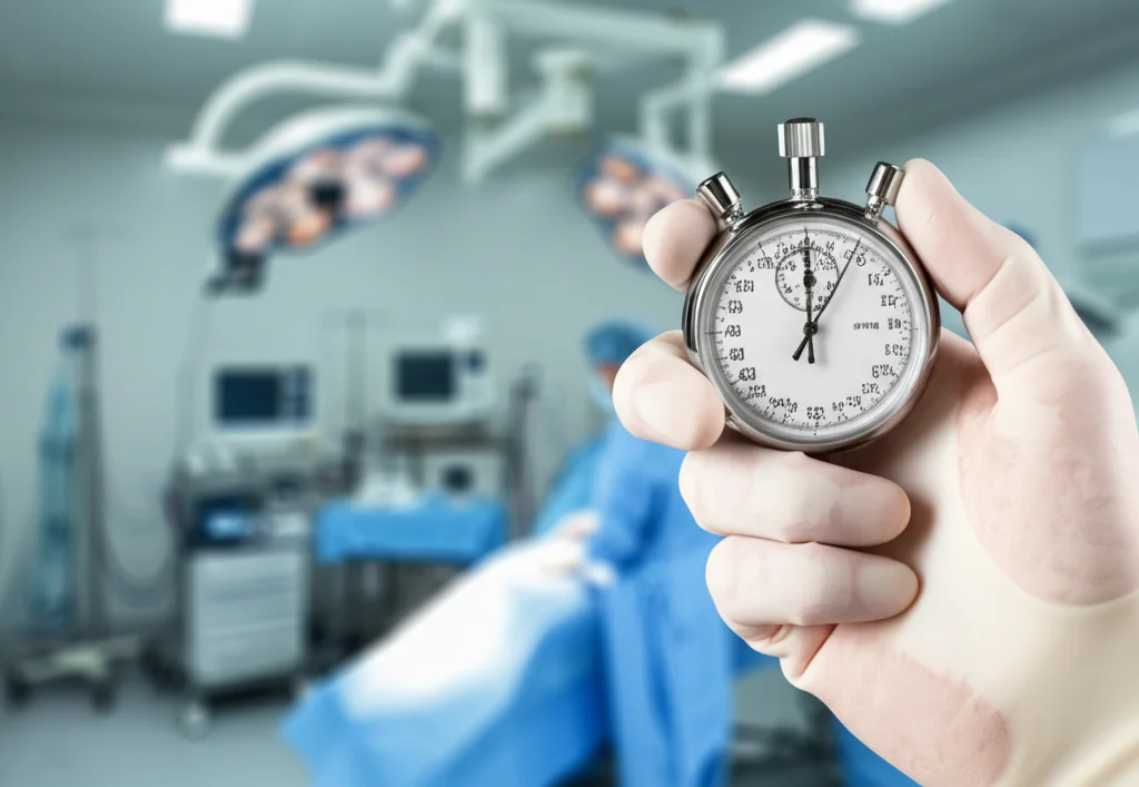 Immagine macro, obiettivo 100mm, di un cronometro medico tenuto in mano da un chirurgo in camice sterile, con una sala operatoria sfocata sullo sfondo. Alta definizione, illuminazione controllata per evidenziare i dettagli del cronometro.