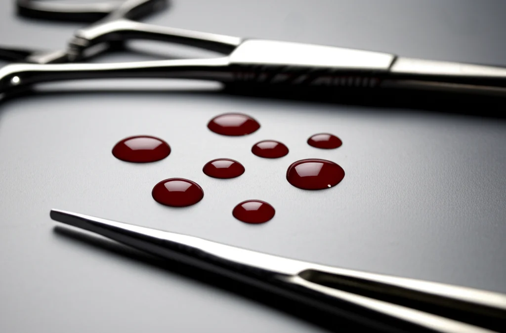 Fotografia still life, obiettivo macro 60mm, di alcune gocce di sangue stilizzate su una superficie bianca sterile vicino a strumenti chirurgici. Illuminazione drammatica e controllata, alto dettaglio, messa a fuoco precisa sulle gocce.