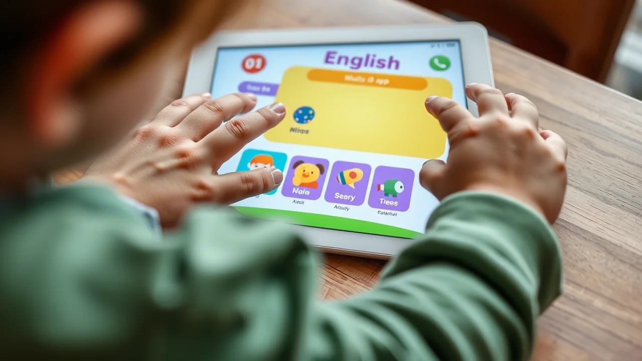 Macro fotografia di un tablet appoggiato su un tavolo di legno, schermo acceso su un'app colorata per l'apprendimento dell'inglese per bambini. Accanto al tablet, la mano di un genitore che aiuta un bambino piccolo a interagire con lo schermo. Illuminazione controllata, alto dettaglio, obiettivo macro 85mm.