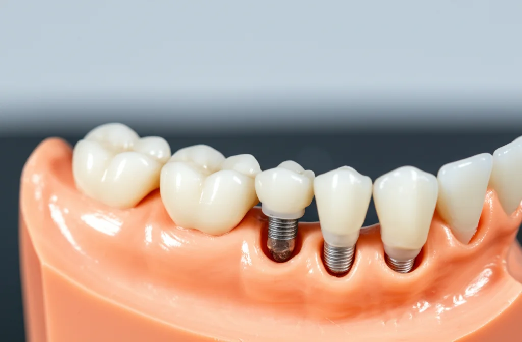 Primo piano macro di un modello mascellare edentulo stampato in 3D con quattro scan body in PEEK avvitati su analoghi implantari. Due impianti anteriori sono dritti, due posteriori inclinati a 30°. Illuminazione da laboratorio controllata, obiettivo macro 60mm, alta definizione per mostrare la texture del modello e la precisione degli scan body.