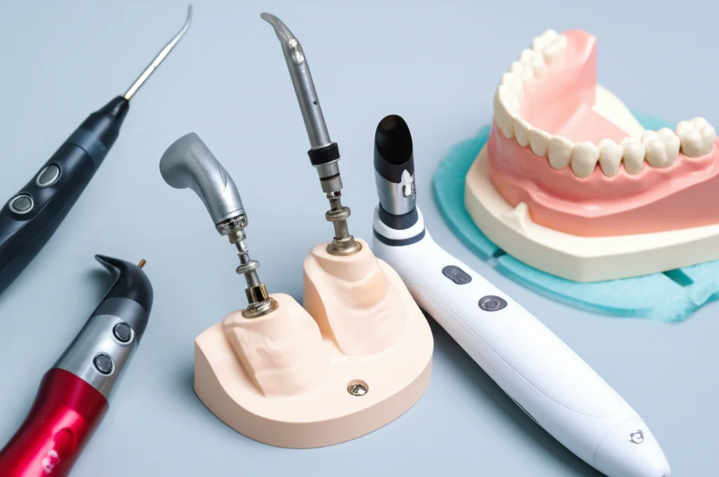 Immagine fotorealistica di tre diversi scanner intraorali (Trios, Medit, Launca) posizionati accanto al modello mascellare All-on-4 utilizzato nello studio. L'illuminazione è diffusa e professionale, stile still life, obiettivo 100mm macro per evidenziare i dettagli del design di ciascun scanner e del modello.