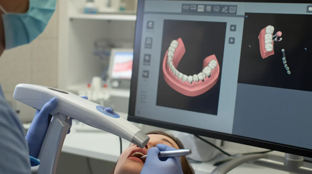 Dentista che utilizza uno scanner intraorale (simile a Trios o Medit) su un paziente simulato (manichino o modello). Lo schermo del computer accanto mostra l'immagine 3D dell'arcata mascellare All-on-4 che si costruisce in tempo reale. Luce ambientale da studio dentistico, obiettivo 35mm, profondità di campo che sfoca leggermente lo sfondo.